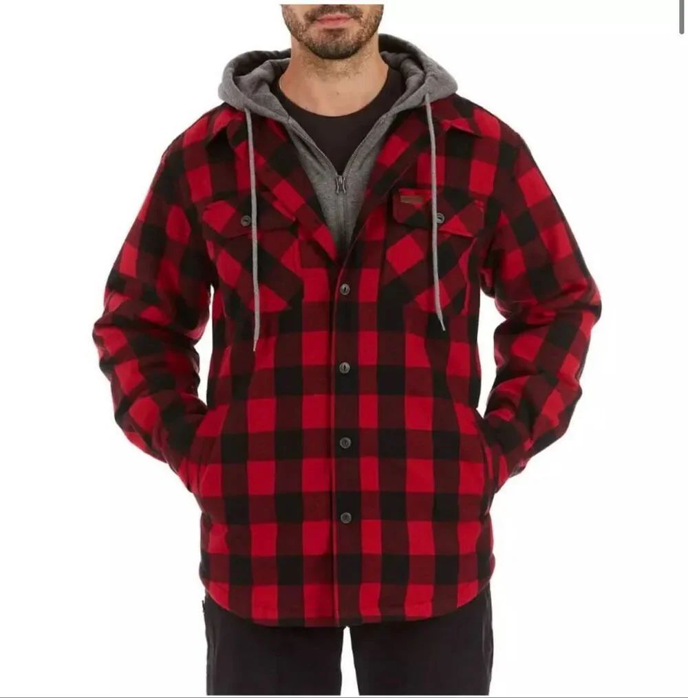 Smith's Workwear Men 2XL Sherpa-Lined Hooded Flannel Shirt Jacket Red/Black Work